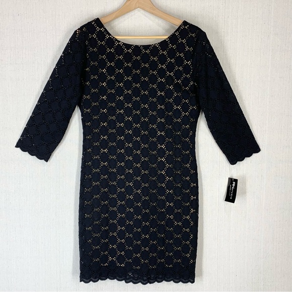 RN Studio~NWT~Black Eyelet Lace Scoop Neck 3/4 Sleeve Knee Length Dress~Sz 8P‎ - Picture 1 of 14